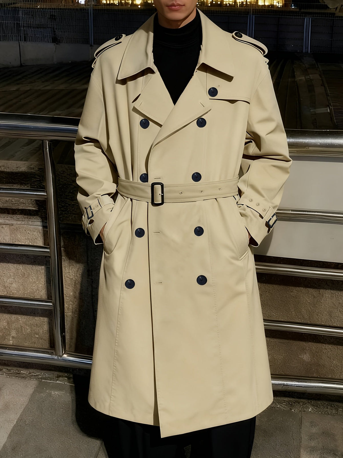 Men's belted blazer coat styled with jeans for cold weather