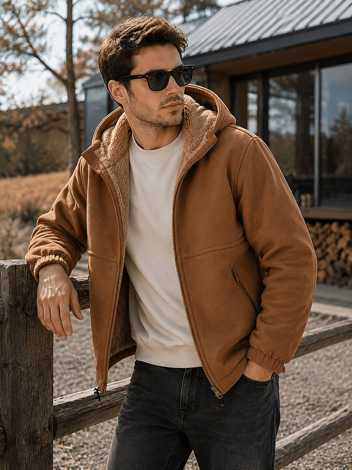 Close-up of the men's thick hooded winter jacket fabric and stitching
