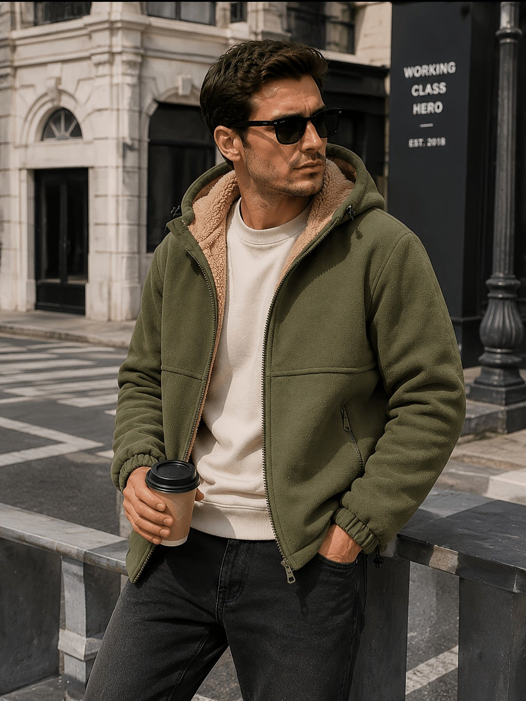 Collar and fastening detail of the men's thick hooded winter jacket