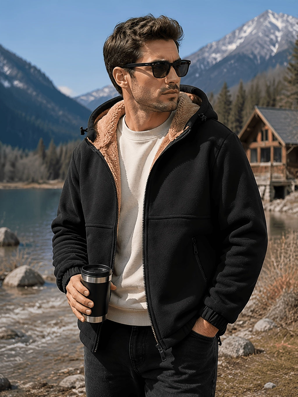 Men's thick hooded winter jacket styled with jeans for cold weather