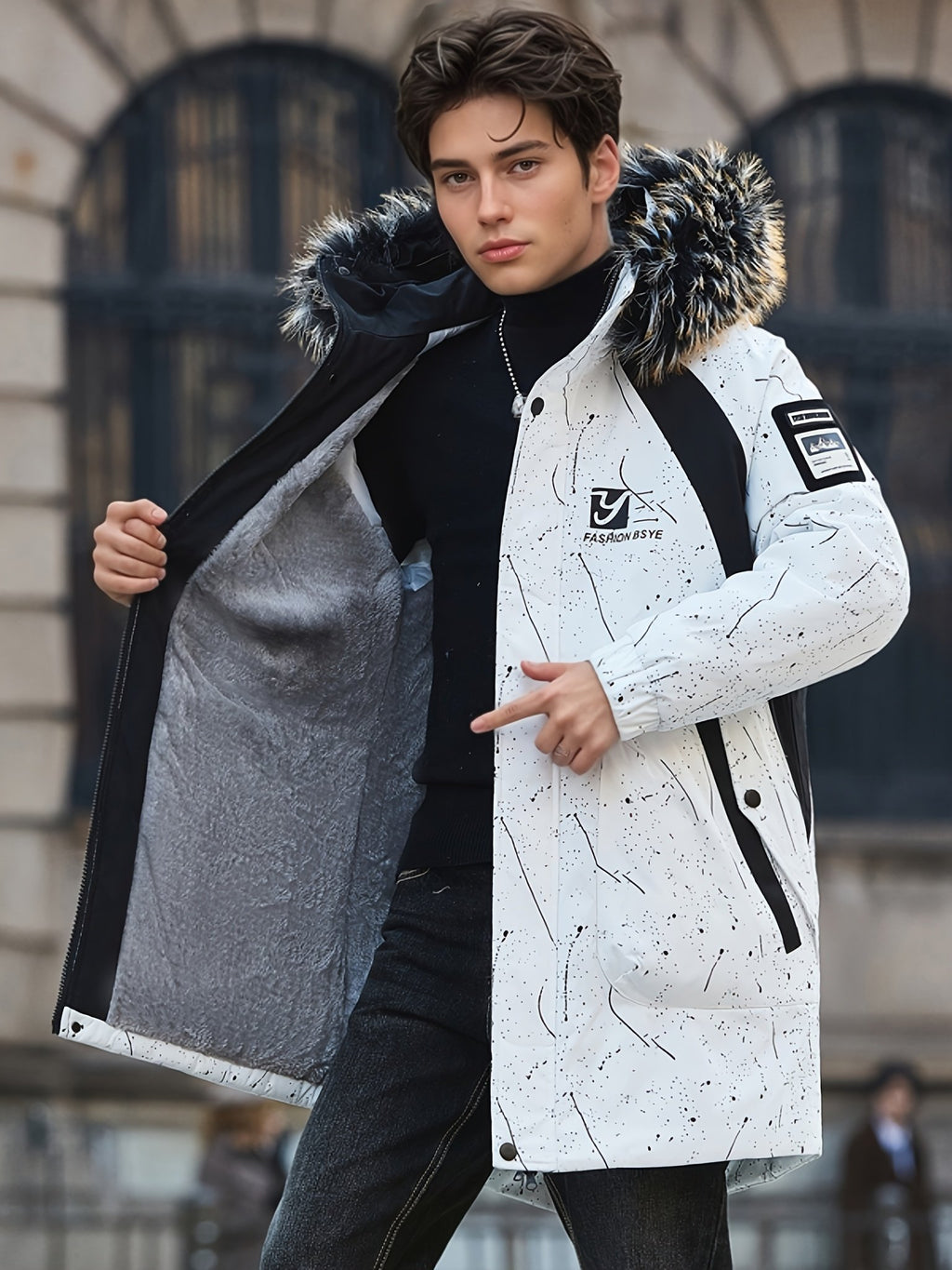 Men's mid-length fleece coat shown from the front for winter