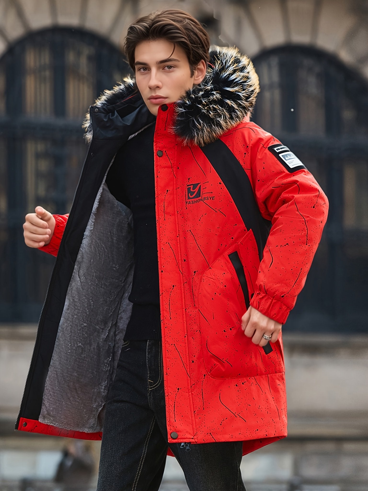 Back view of the men's mid-length fleece coat