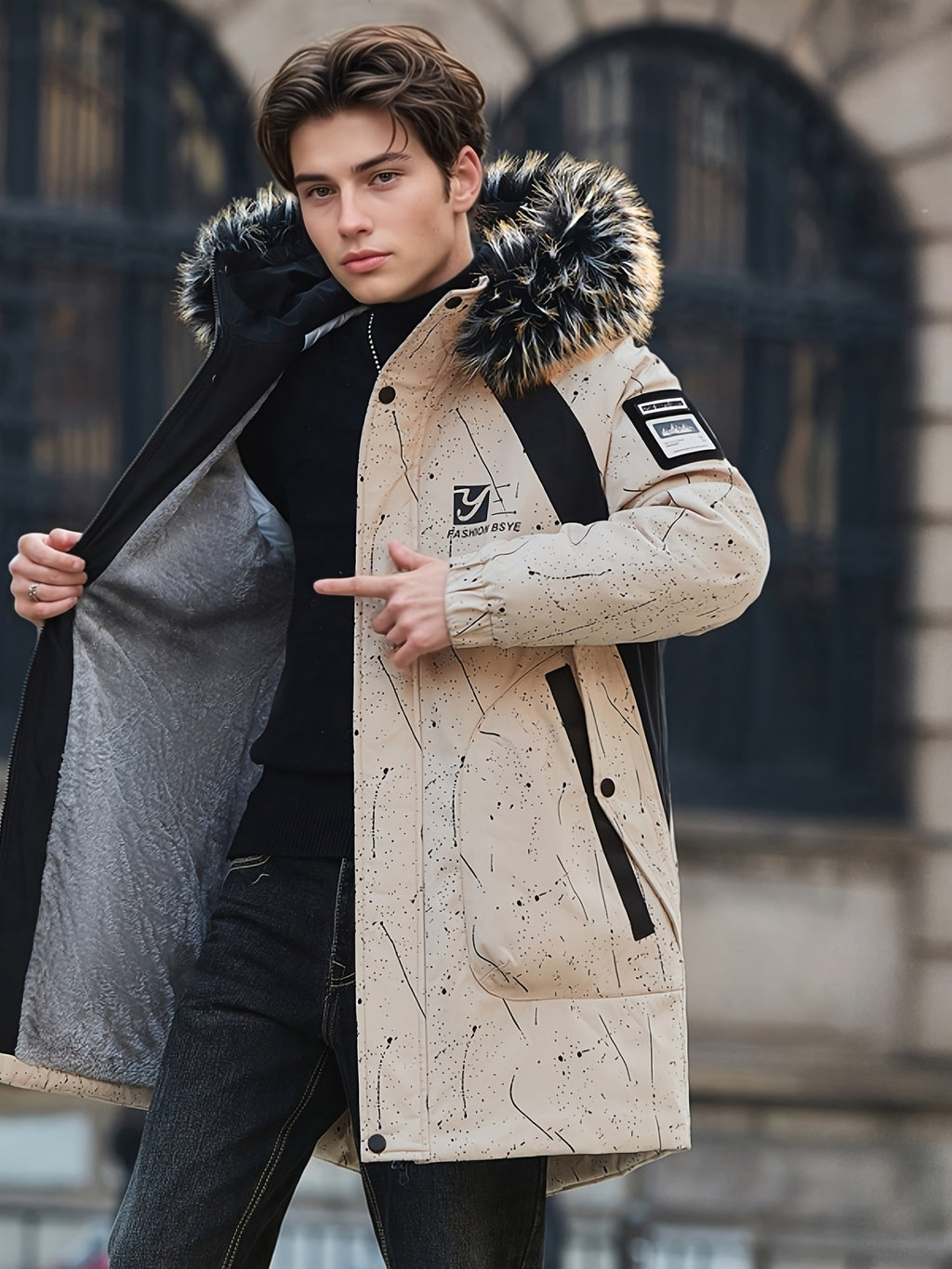 Close-up of the men's mid-length fleece coat fabric and stitching