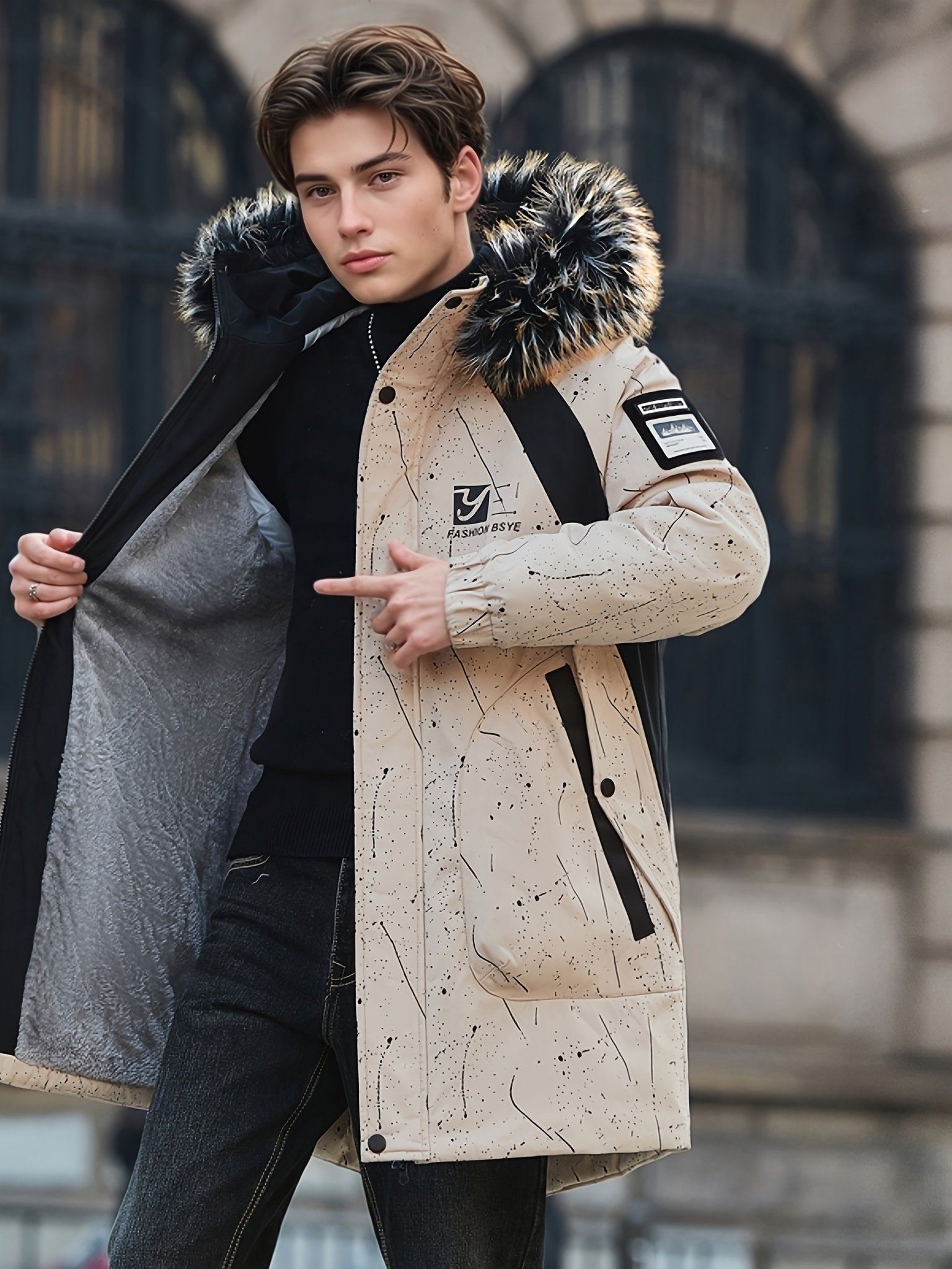 Close-up of the men's mid-length fleece coat fabric and stitching