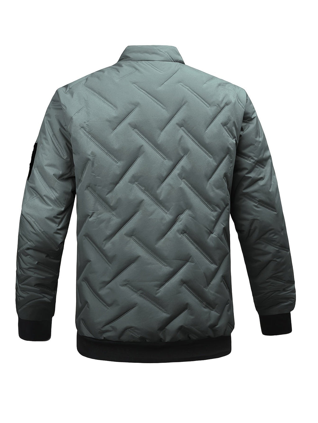 Close-up of the men's padded bomber jacket fabric and stitching