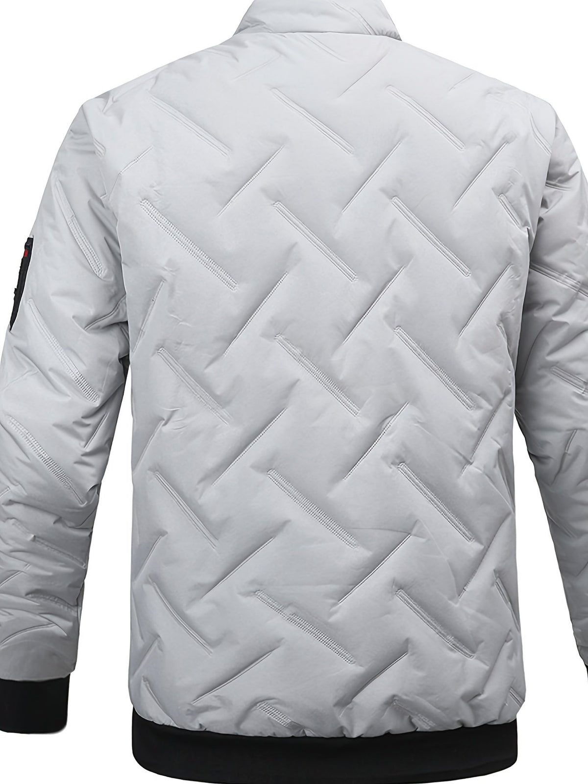 Collar and fastening detail of the men's padded bomber jacket