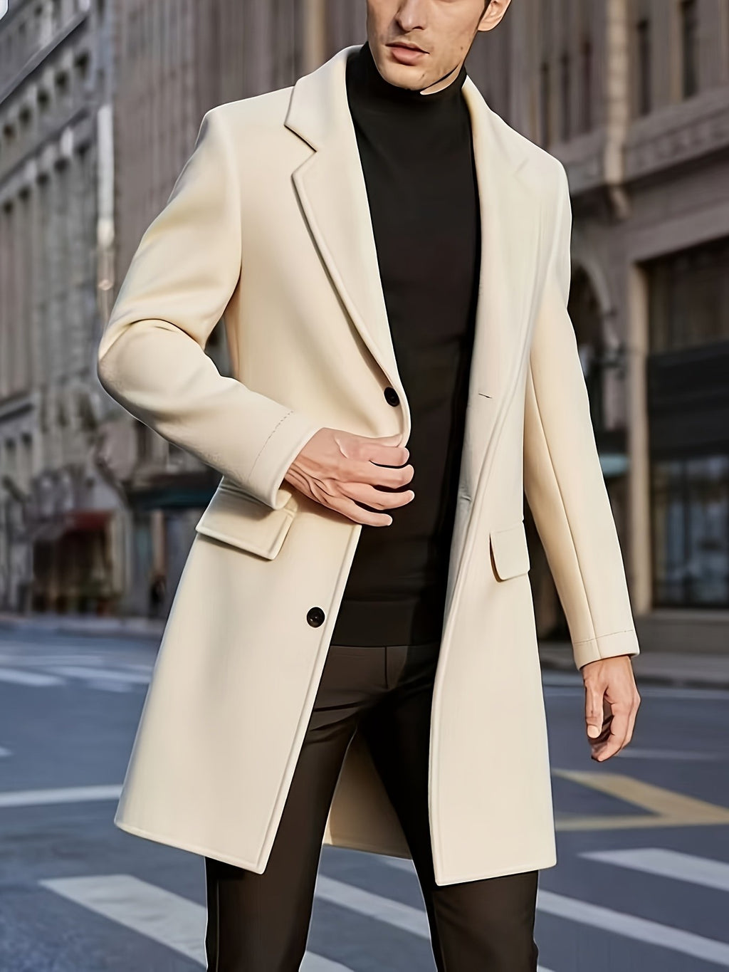 Men's long warm trench coat shown from the front for winter