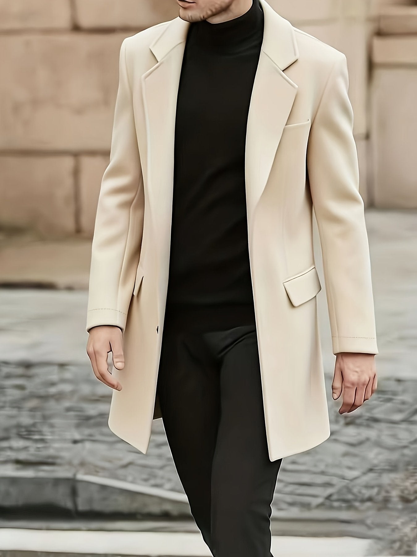 Collar and fastening detail of the men's long warm trench coat