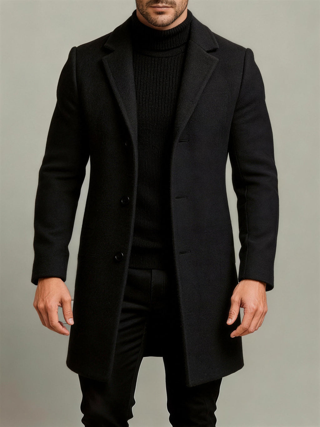 Side view of the men's smart trench coat showing the fit
