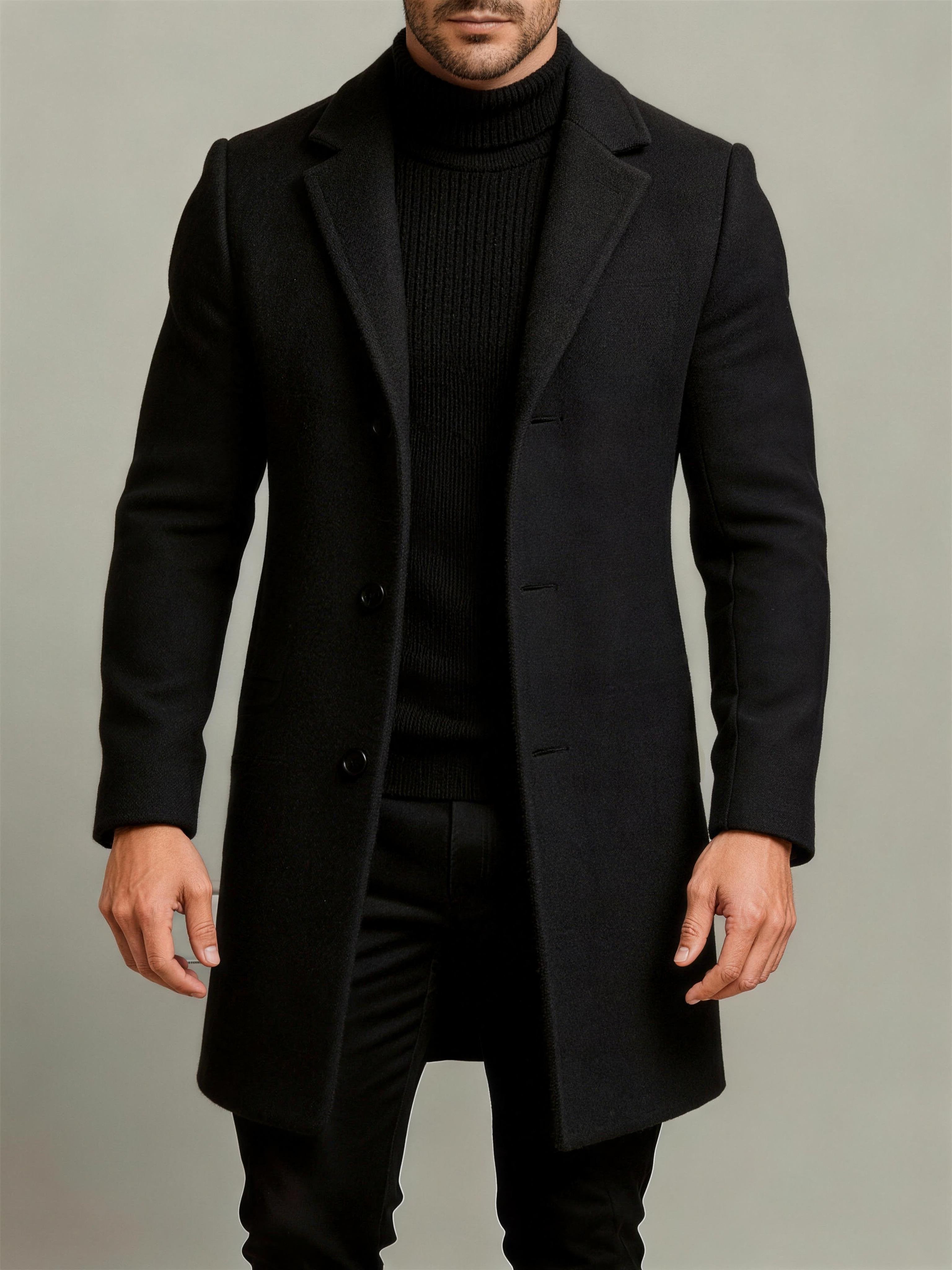 Side view of the men's smart trench coat showing the fit