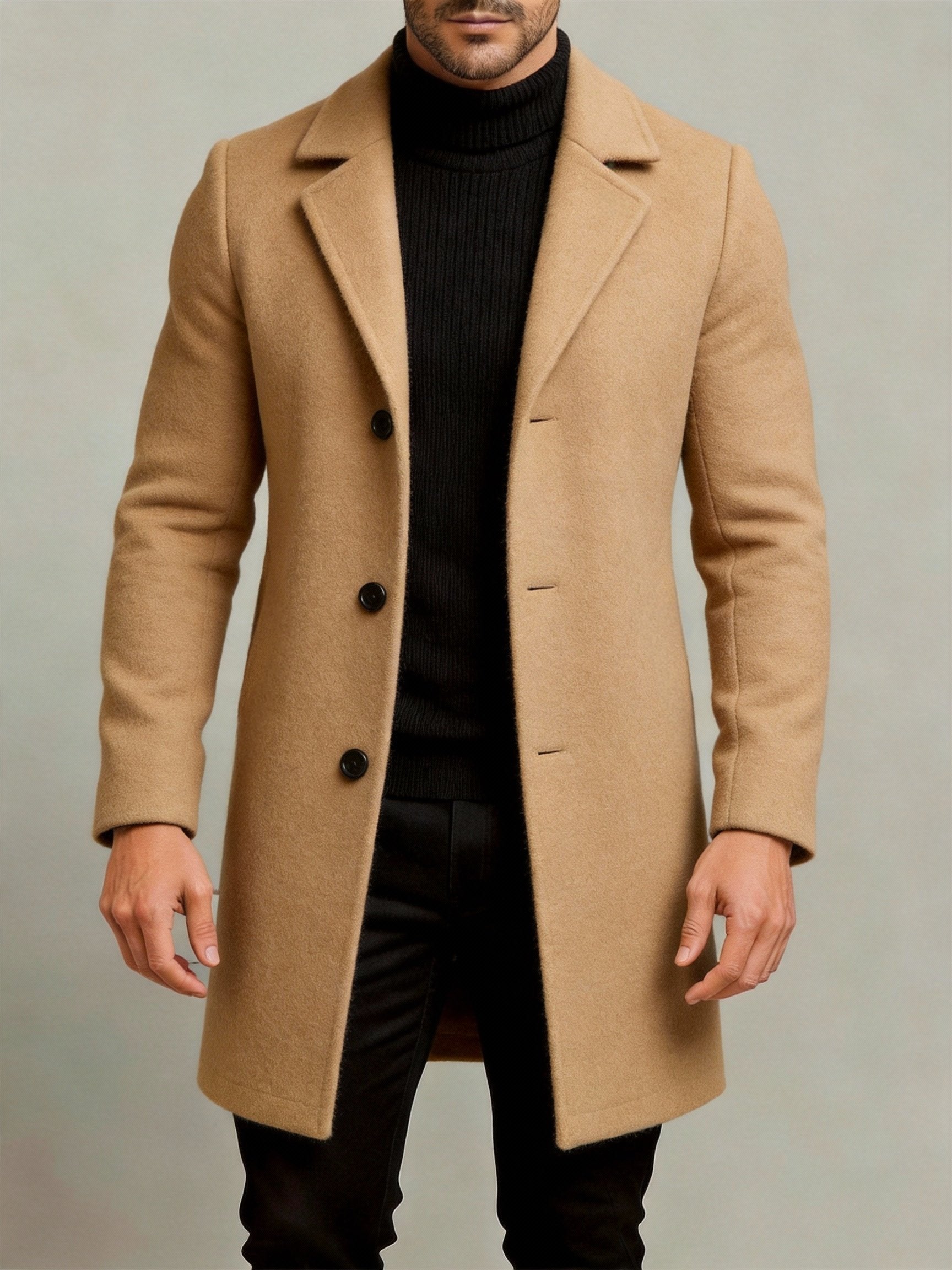 Collar and fastening detail of the men's smart trench coat