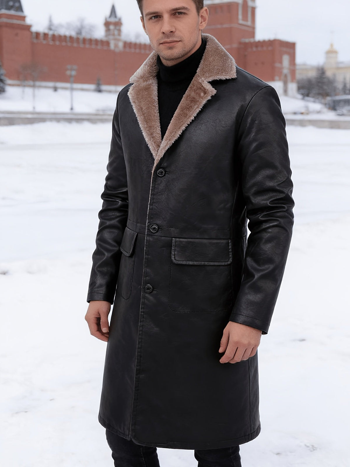 Men's faux leather long coat shown from the front for winter