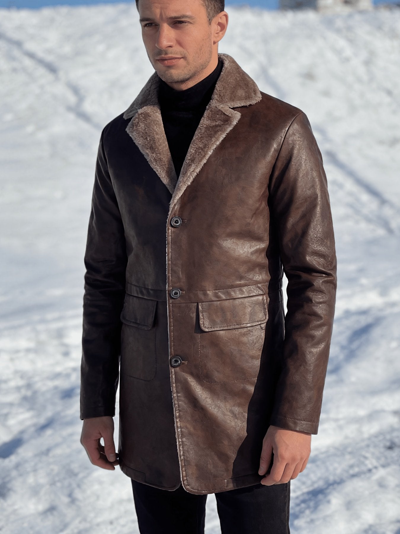Side view of the men's faux leather long coat showing the fit