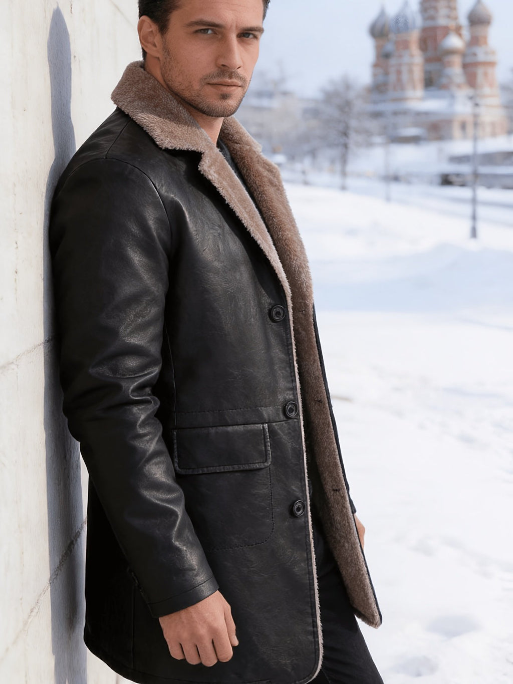 Back view of the men's faux leather long coat