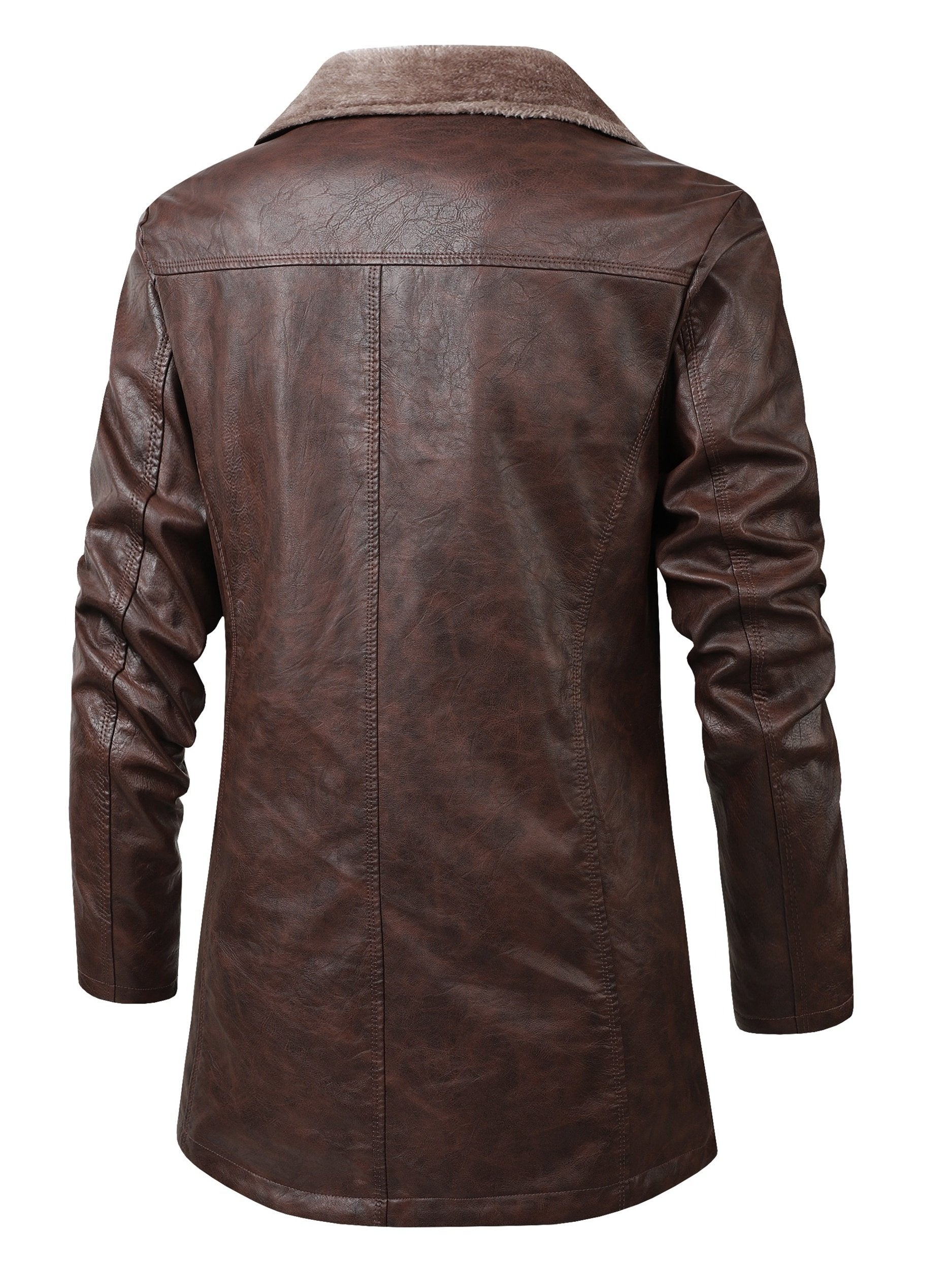 Close-up of the men's faux leather long coat fabric and stitching