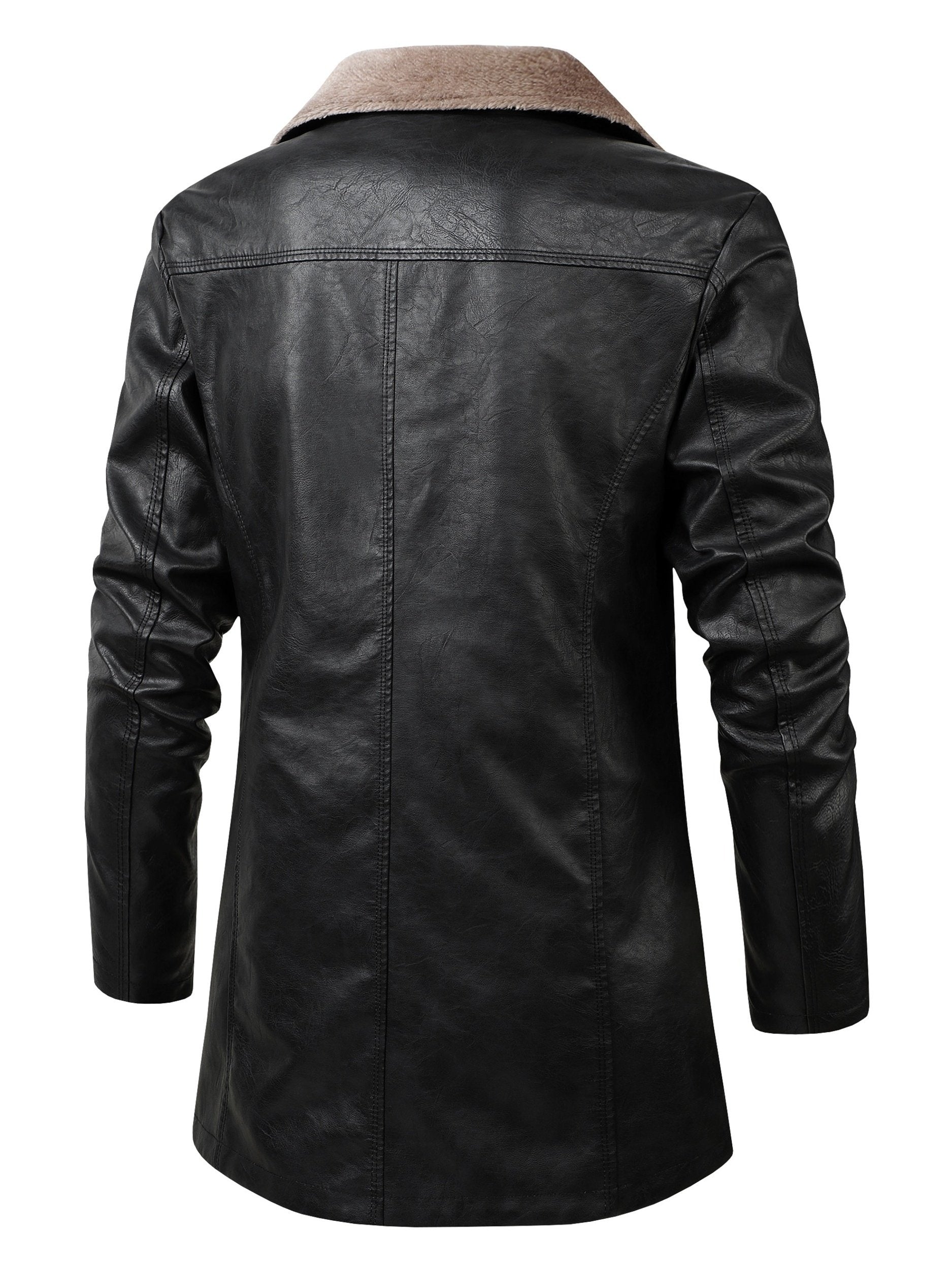 Collar and fastening detail of the men's faux leather long coat