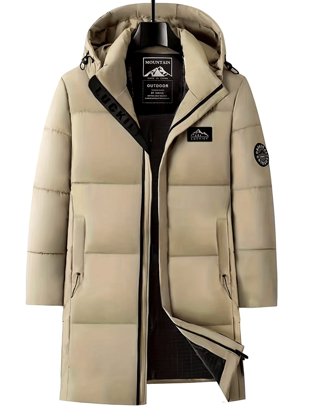Men's mid-length hooded padded coat shown from the front for winter