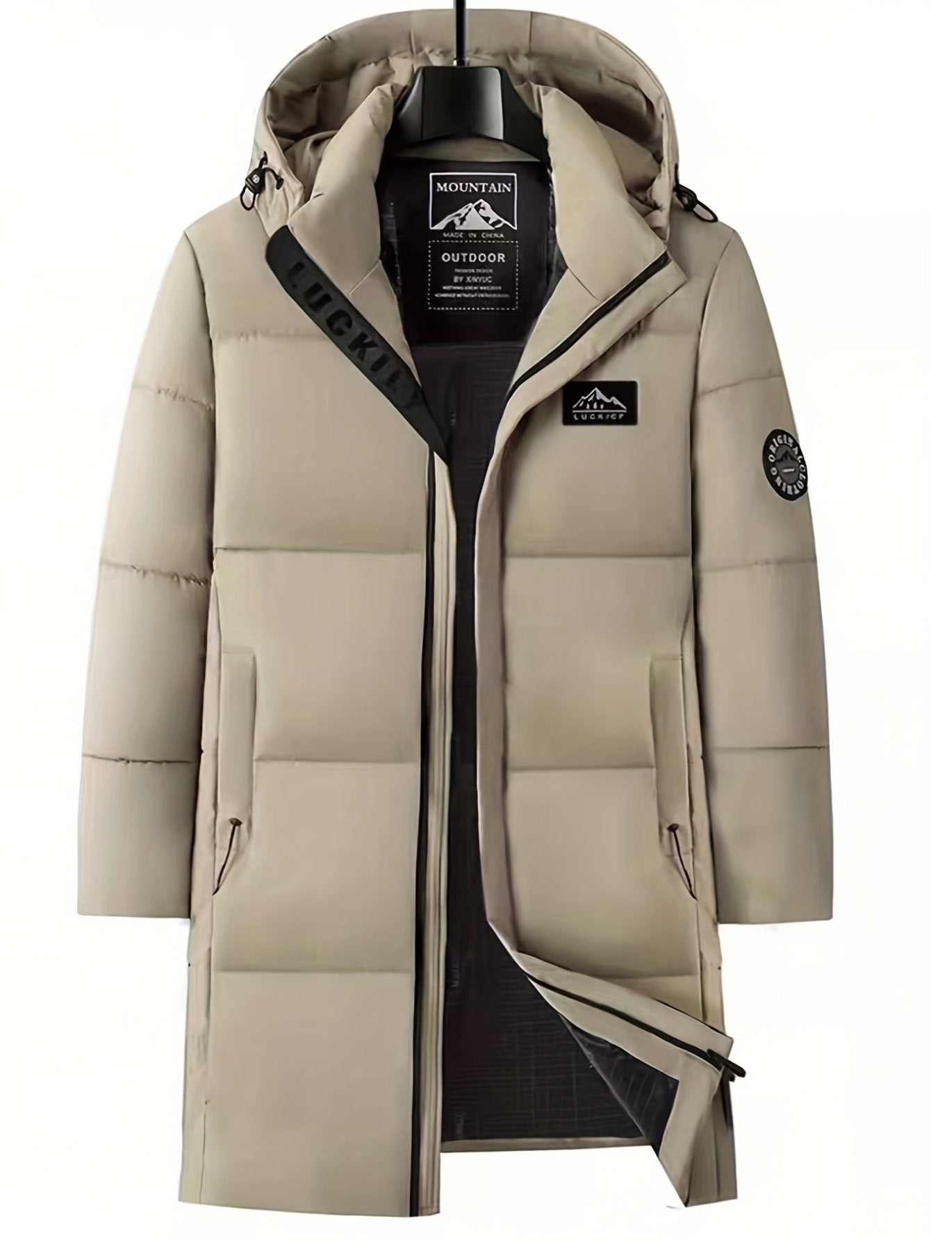 Back view of the men's mid-length hooded padded coat
