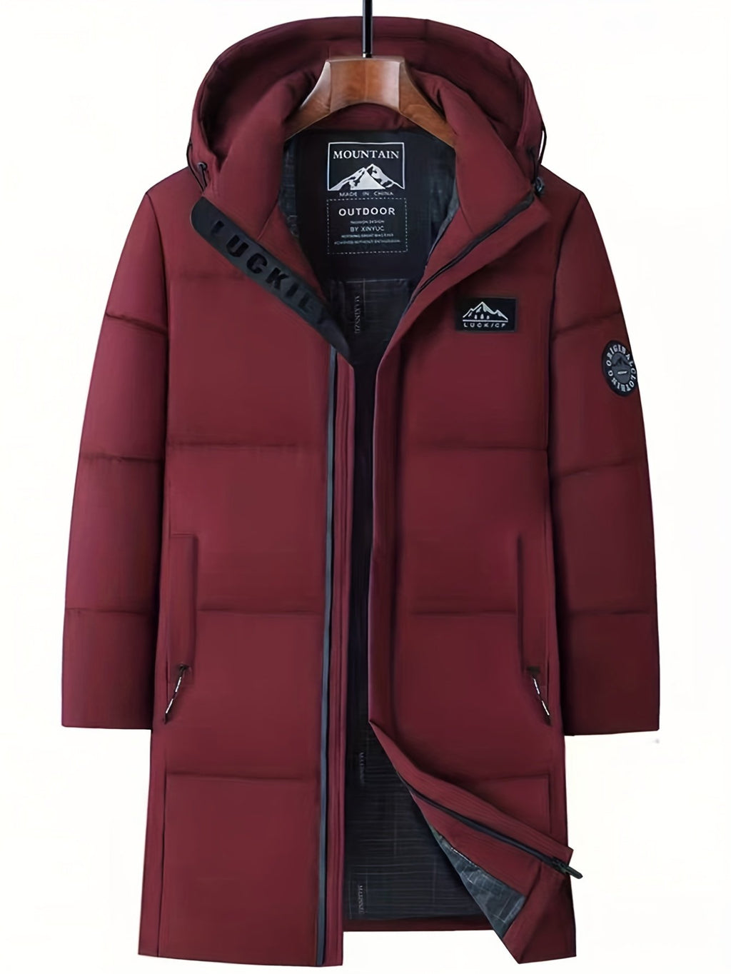 Close-up of the men's mid-length hooded padded coat fabric and stitching