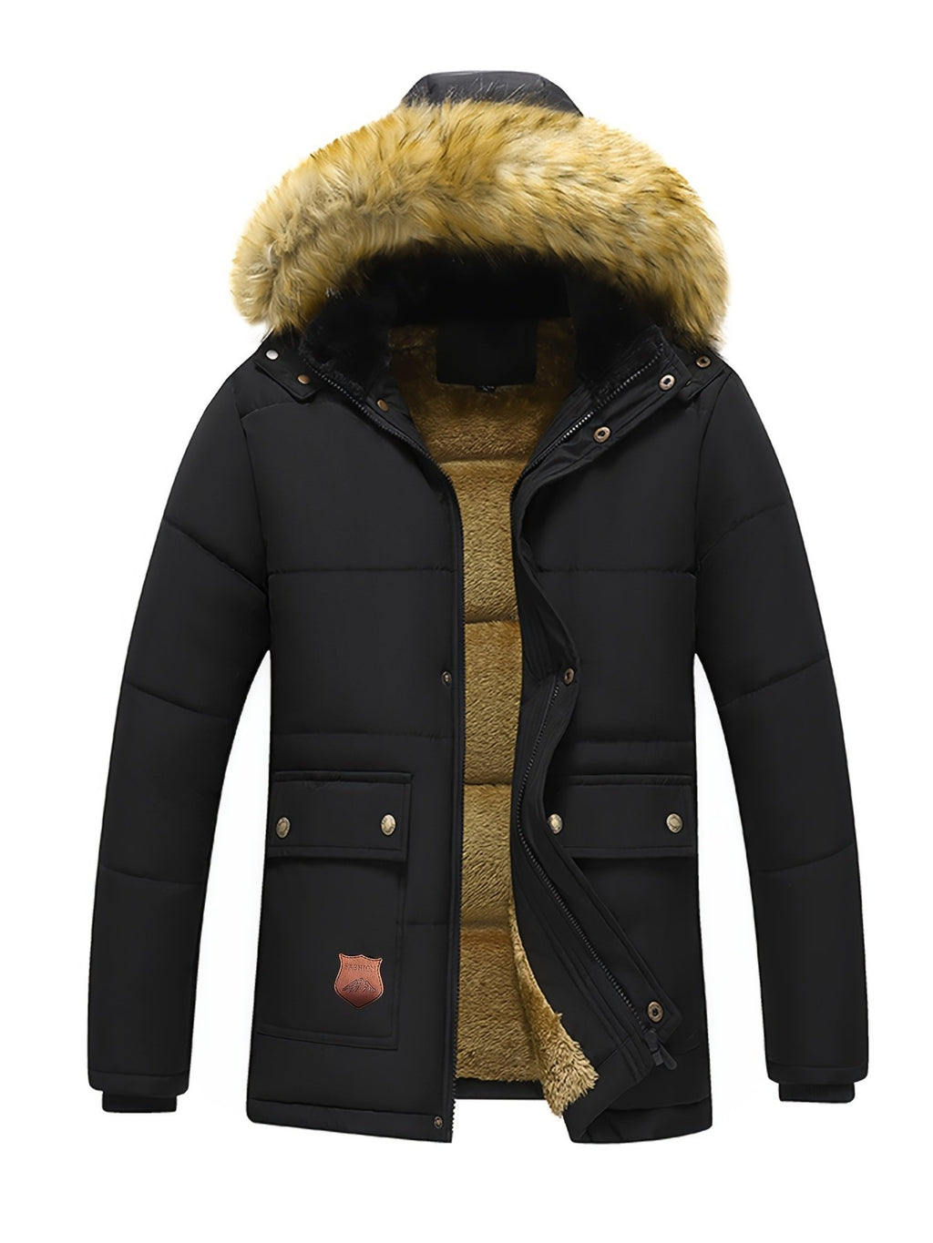 Men's hooded winter jacket shown from the front for winter