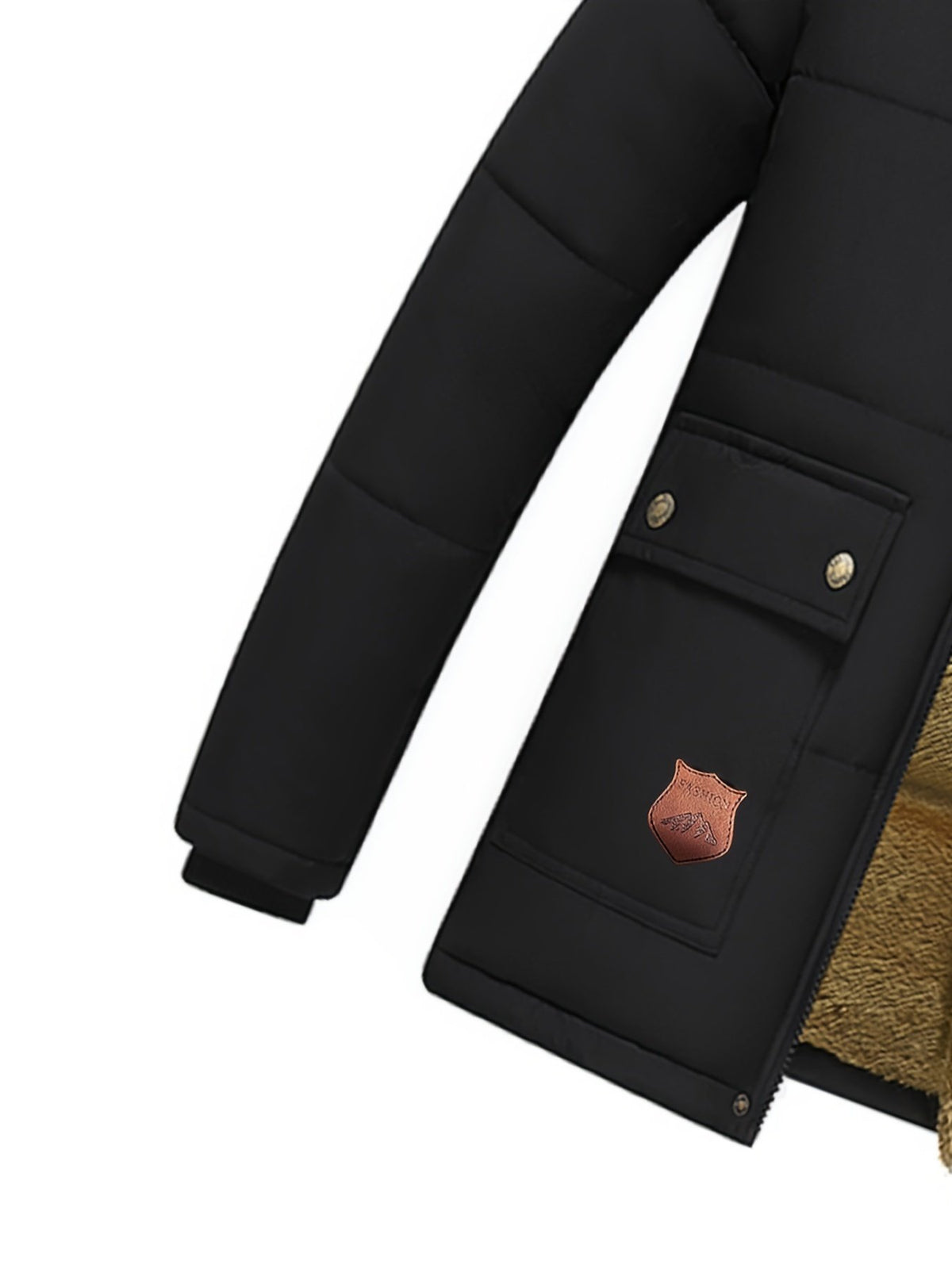 Close-up of the men's hooded winter jacket fabric and stitching