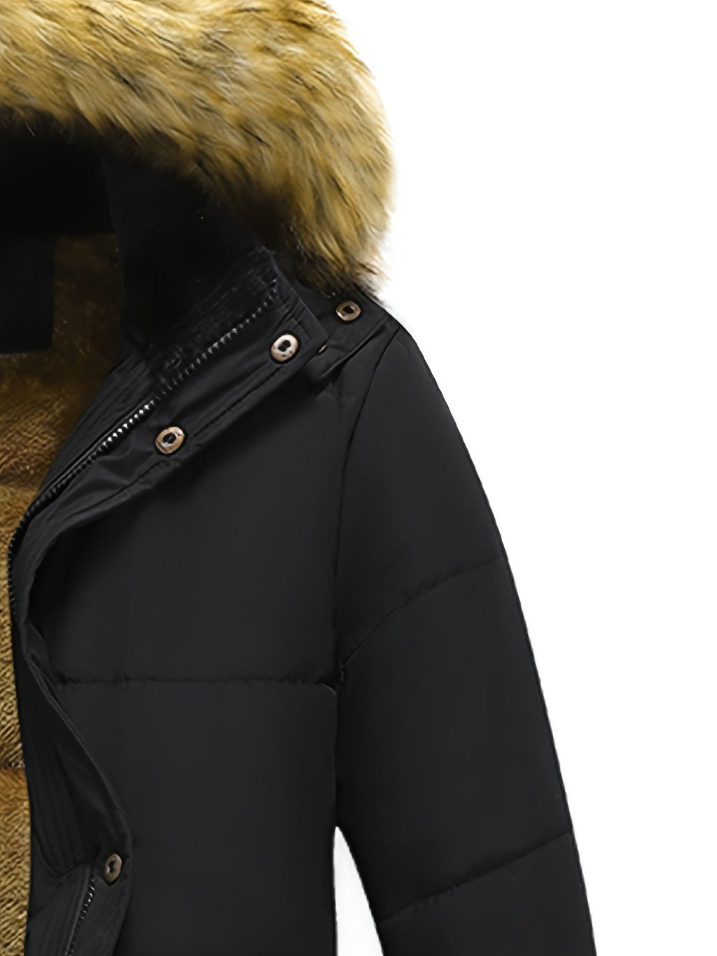 Collar and fastening detail of the men's hooded winter jacket