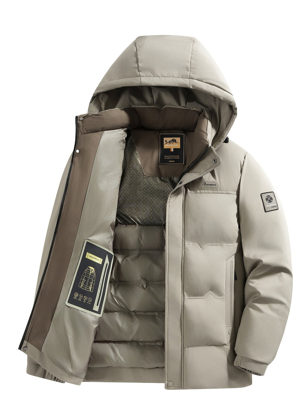 Men's hooded business winter coat shown from the front for winter