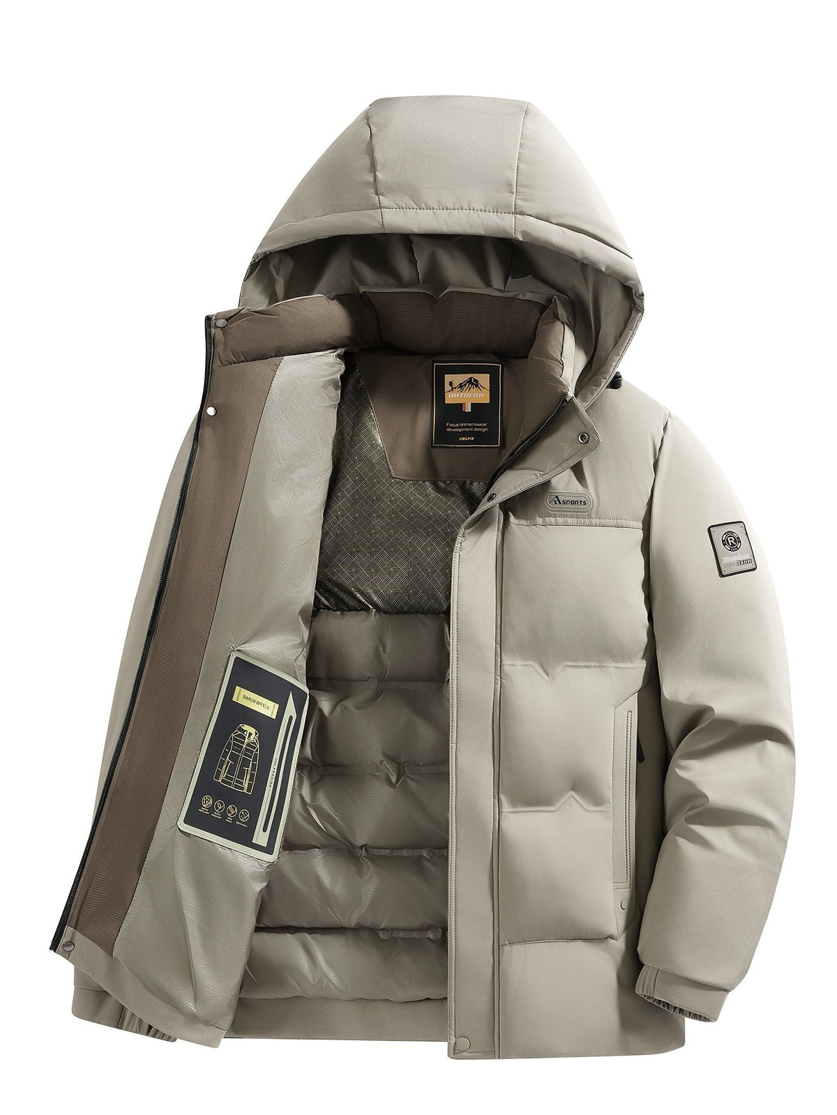 Men's hooded business winter coat shown from the front for winter