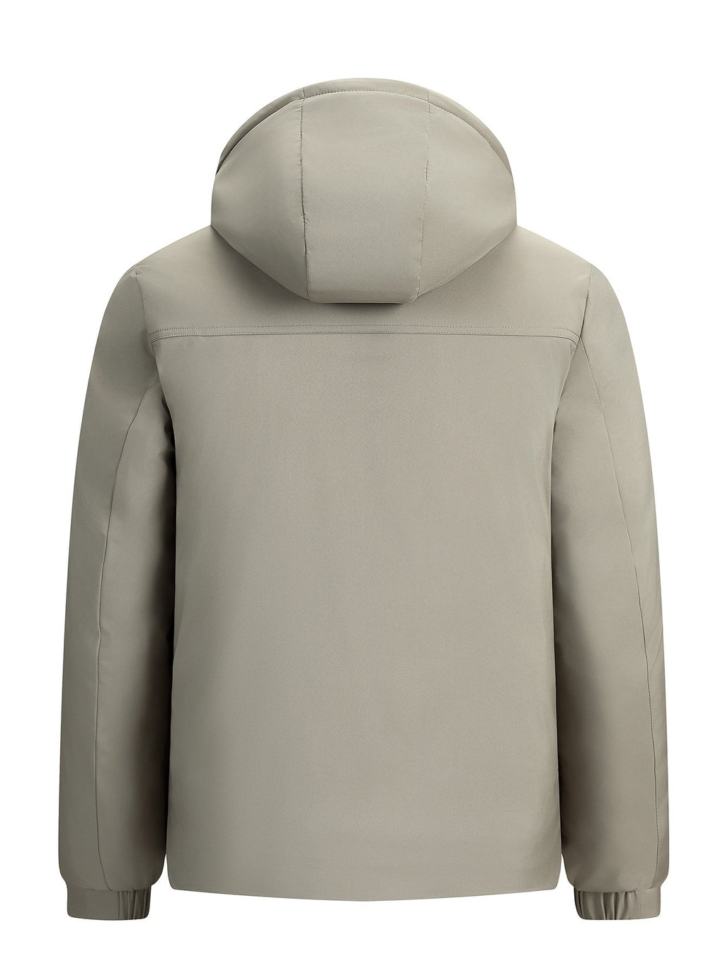 Close-up of the men's hooded business winter coat fabric and stitching