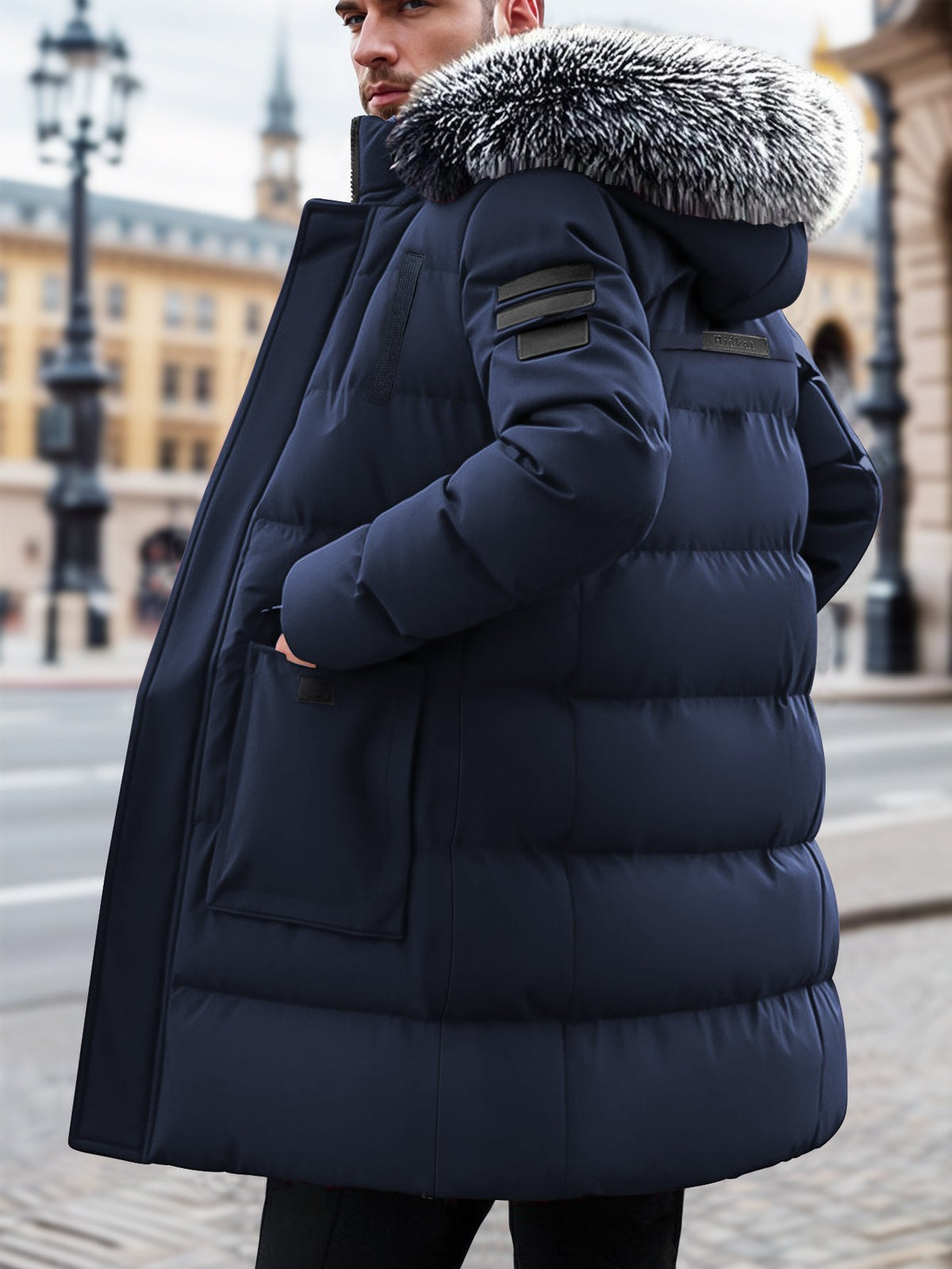 Side view of the men's mid-length hooded parka showing the fit