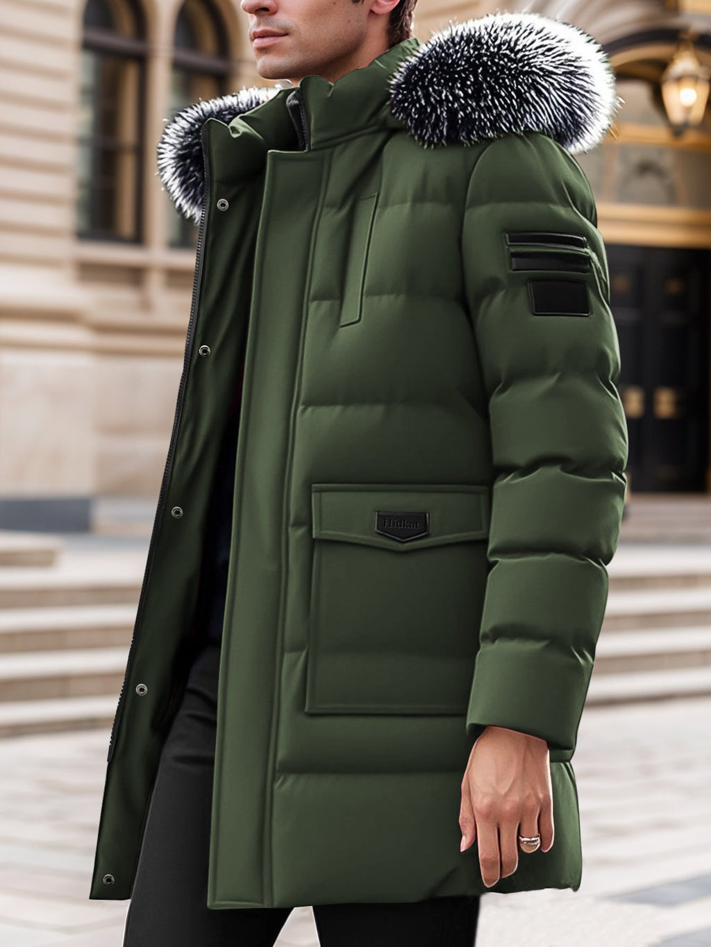 Close-up of the men's mid-length hooded parka fabric and stitching