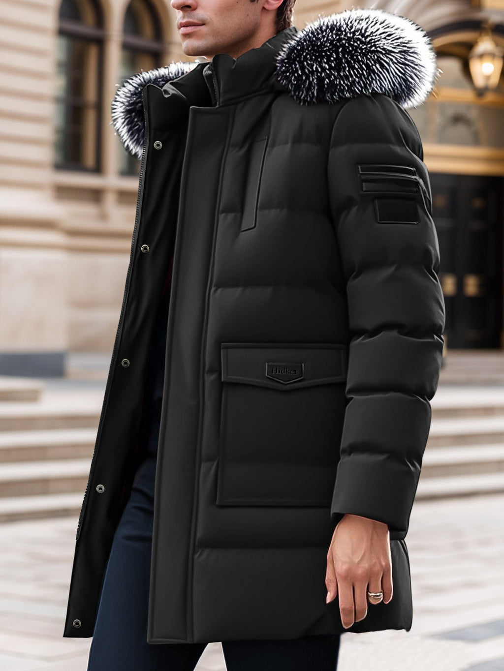 Men's mid-length hooded parka styled with jeans for cold weather