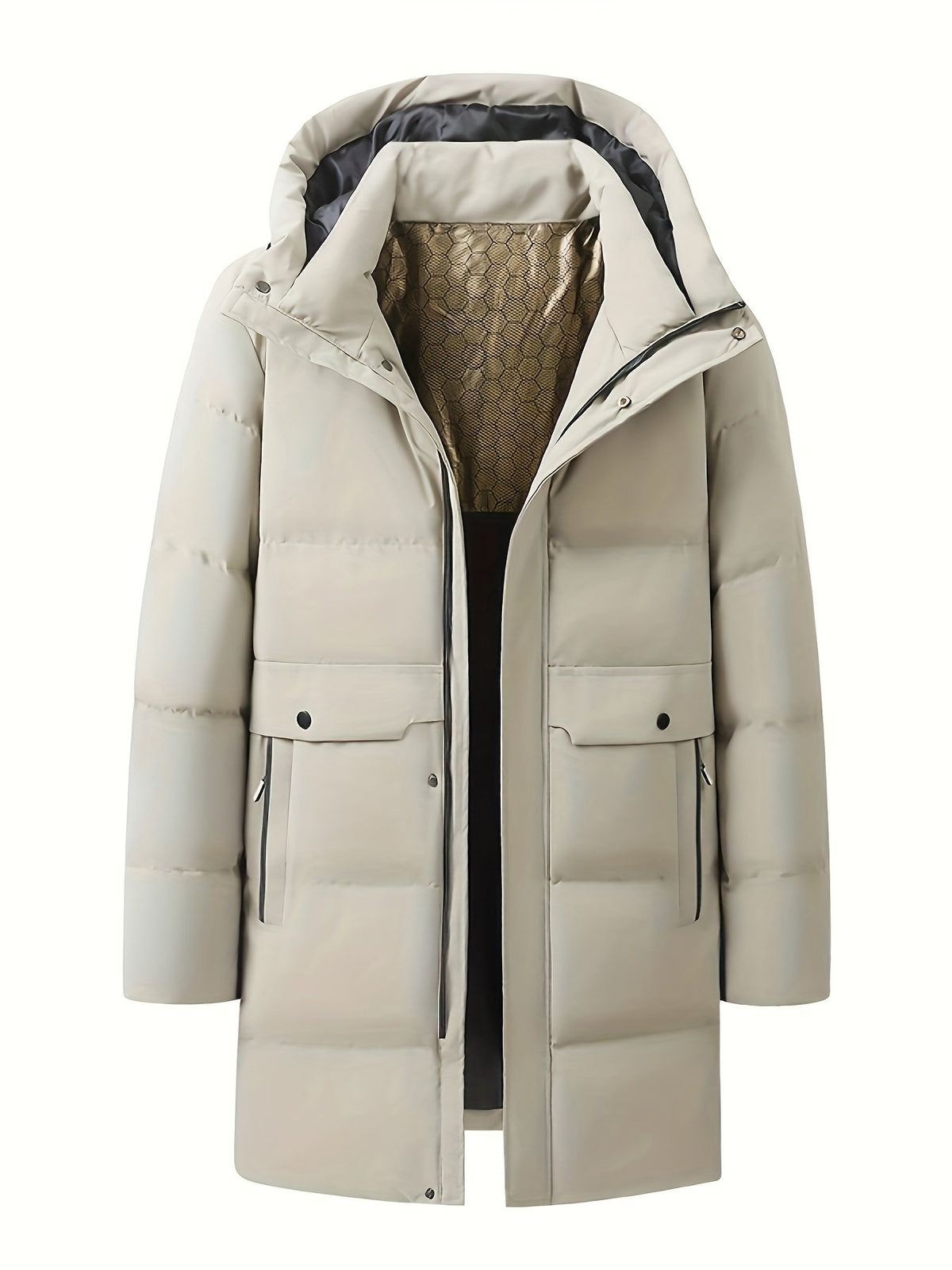 Men's long padded parka shown from the front for winter