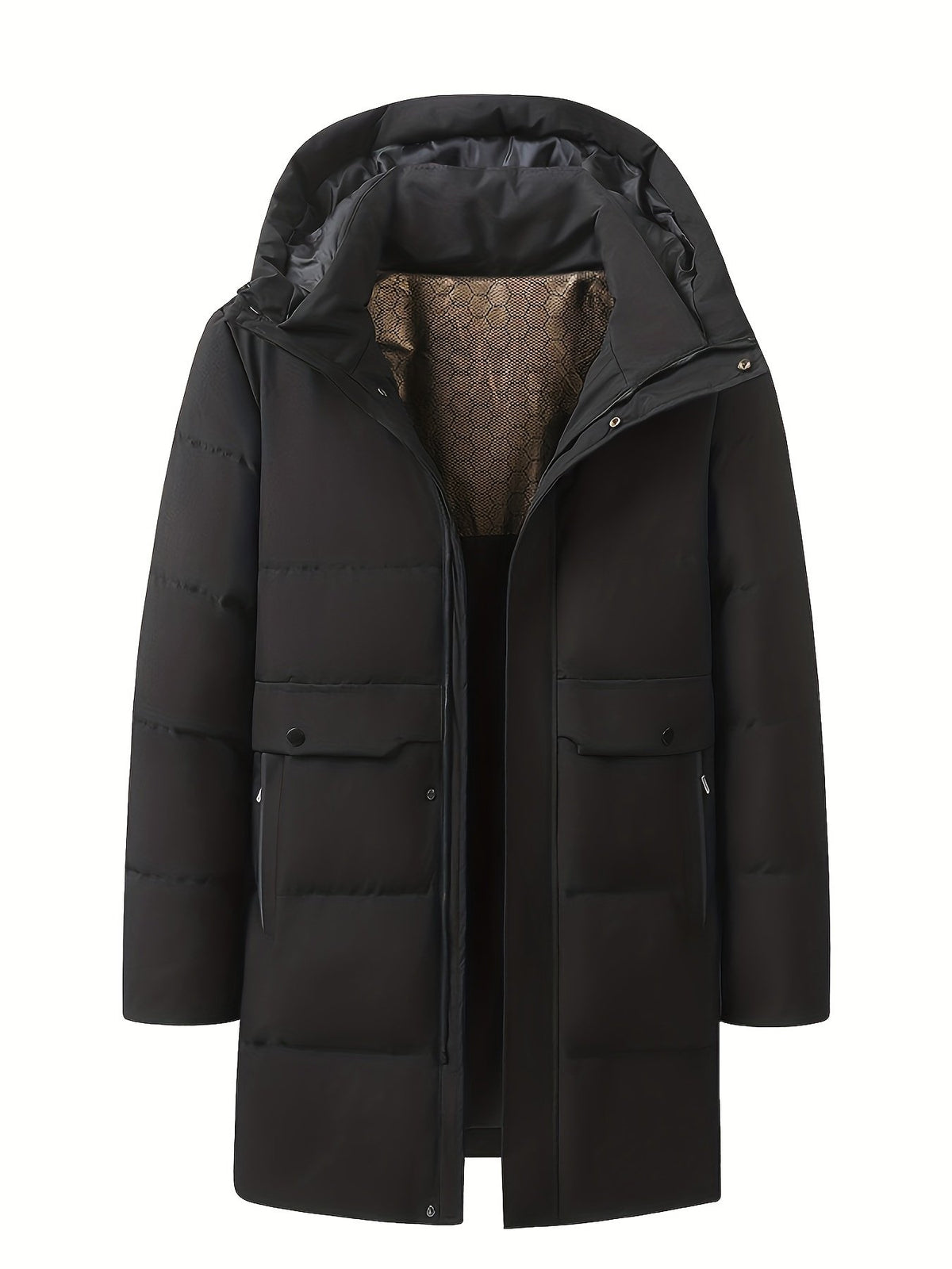 Side view of the men's long padded parka showing the fit