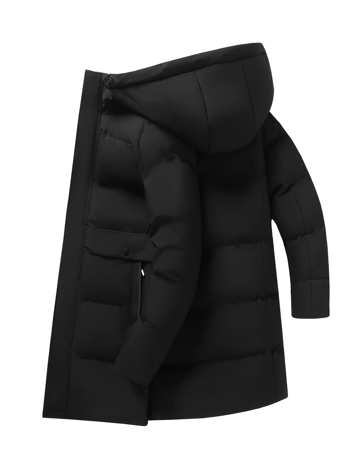 Collar and fastening detail of the men's long padded parka