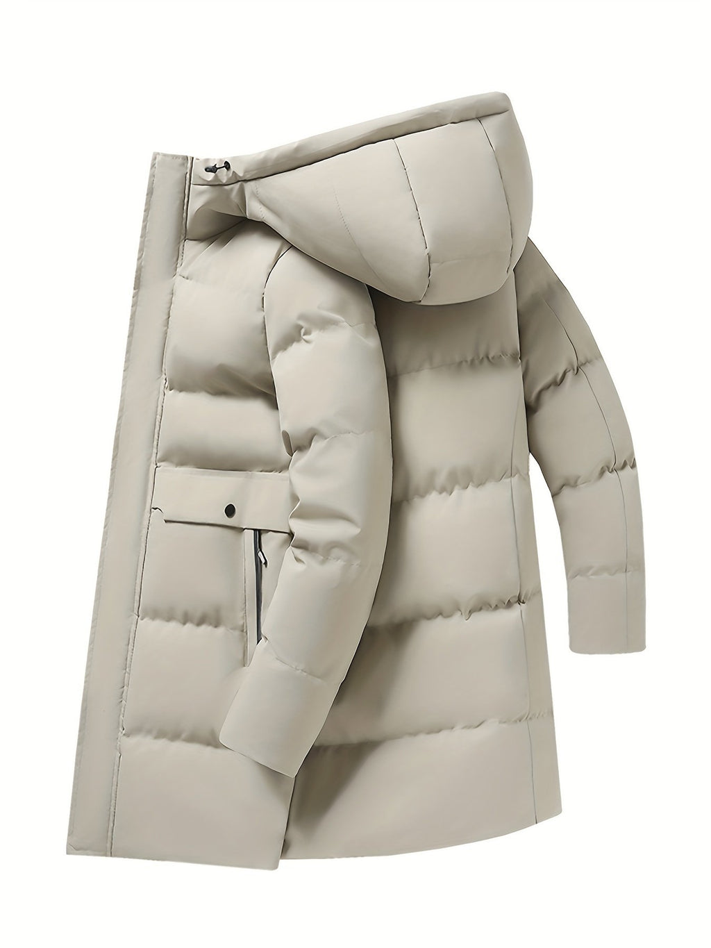 Men's long padded parka styled with jeans for cold weather