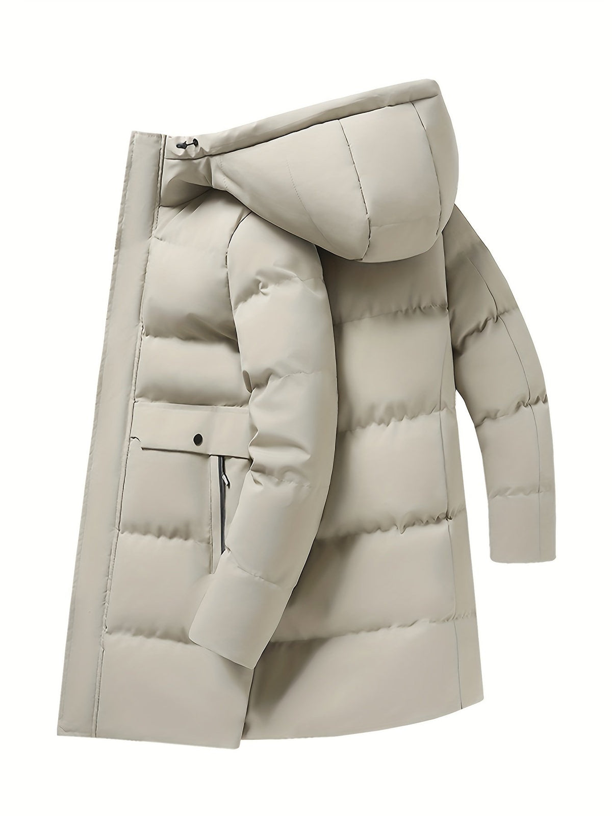 Men's long padded parka styled with jeans for cold weather