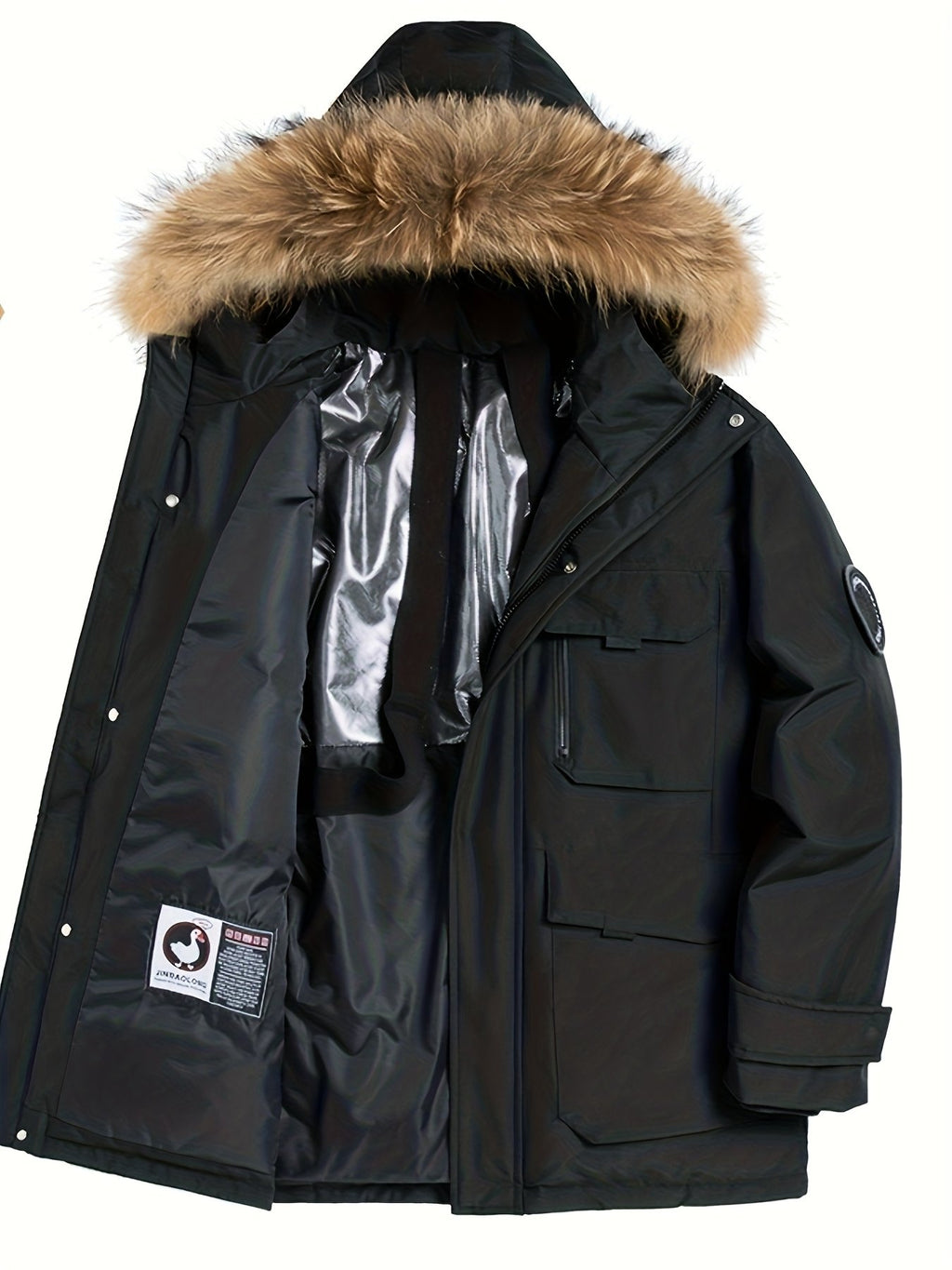 Men's goose down puffer jacket shown from the front for winter
