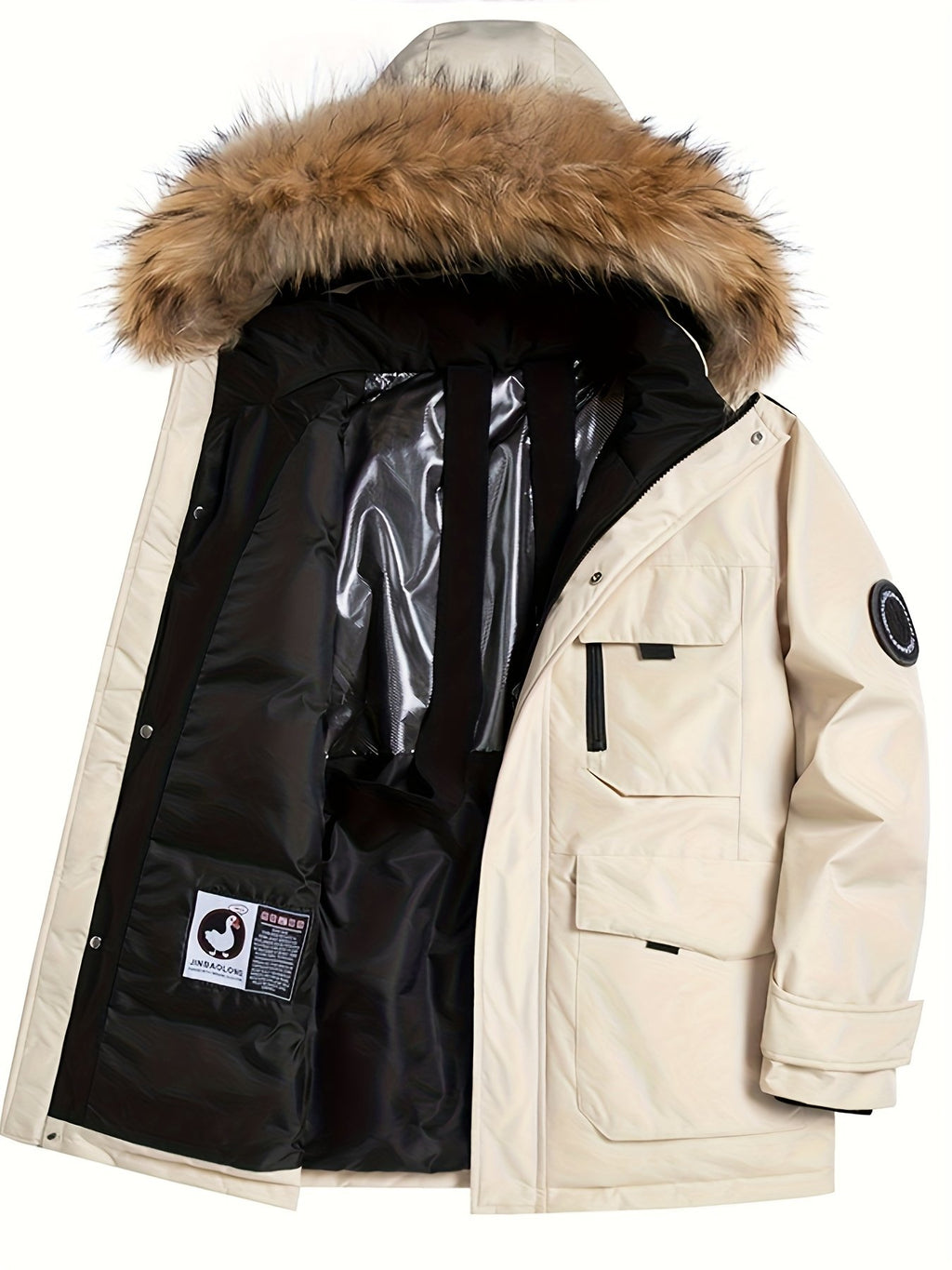 Side view of the men's goose down puffer jacket showing the fit