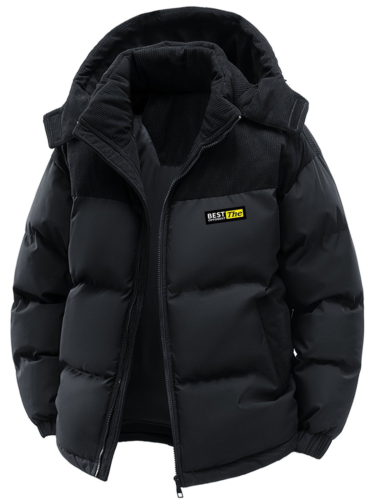 Side view of the men's patchwork hooded coat showing the fit
