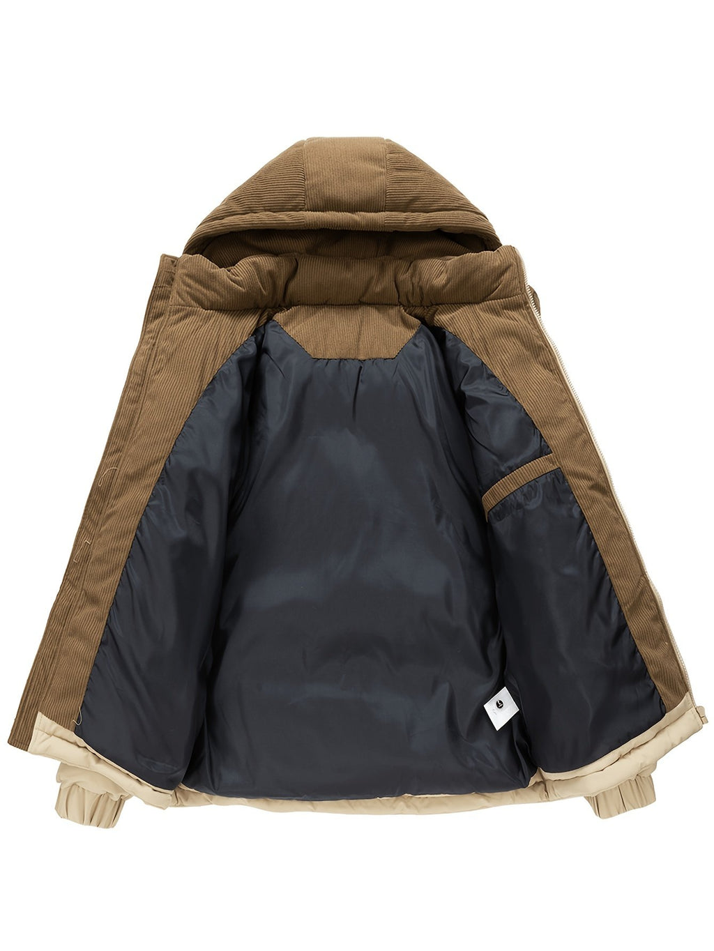 Collar and fastening detail of the men's patchwork hooded coat