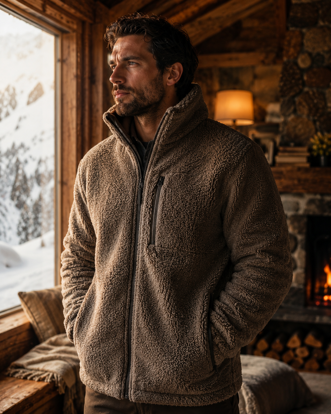 Man wearing a cosy fleece jacket in a warm alpine cabin - Fleece Jackets & Tops collection, Lupo Delle Alpi
