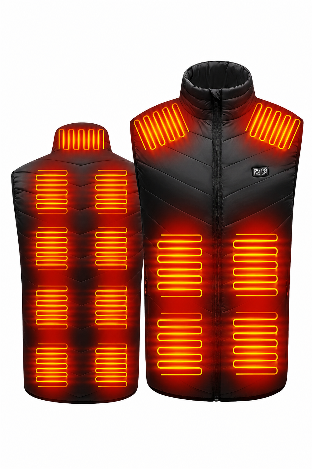 ront and back view of a black men's heated vest with 15 heating zones, featuring illuminated heating panels on the chest, shoulders, back, neck and lower body, isolated on a white background.