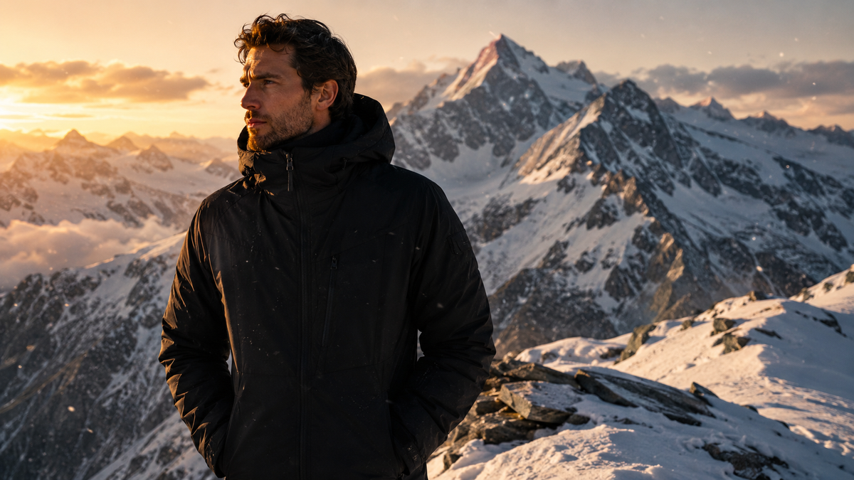Man wearing a black technical winter jacket on a snowy Alpine ridge at golden hour - Lupo Delle Alpi