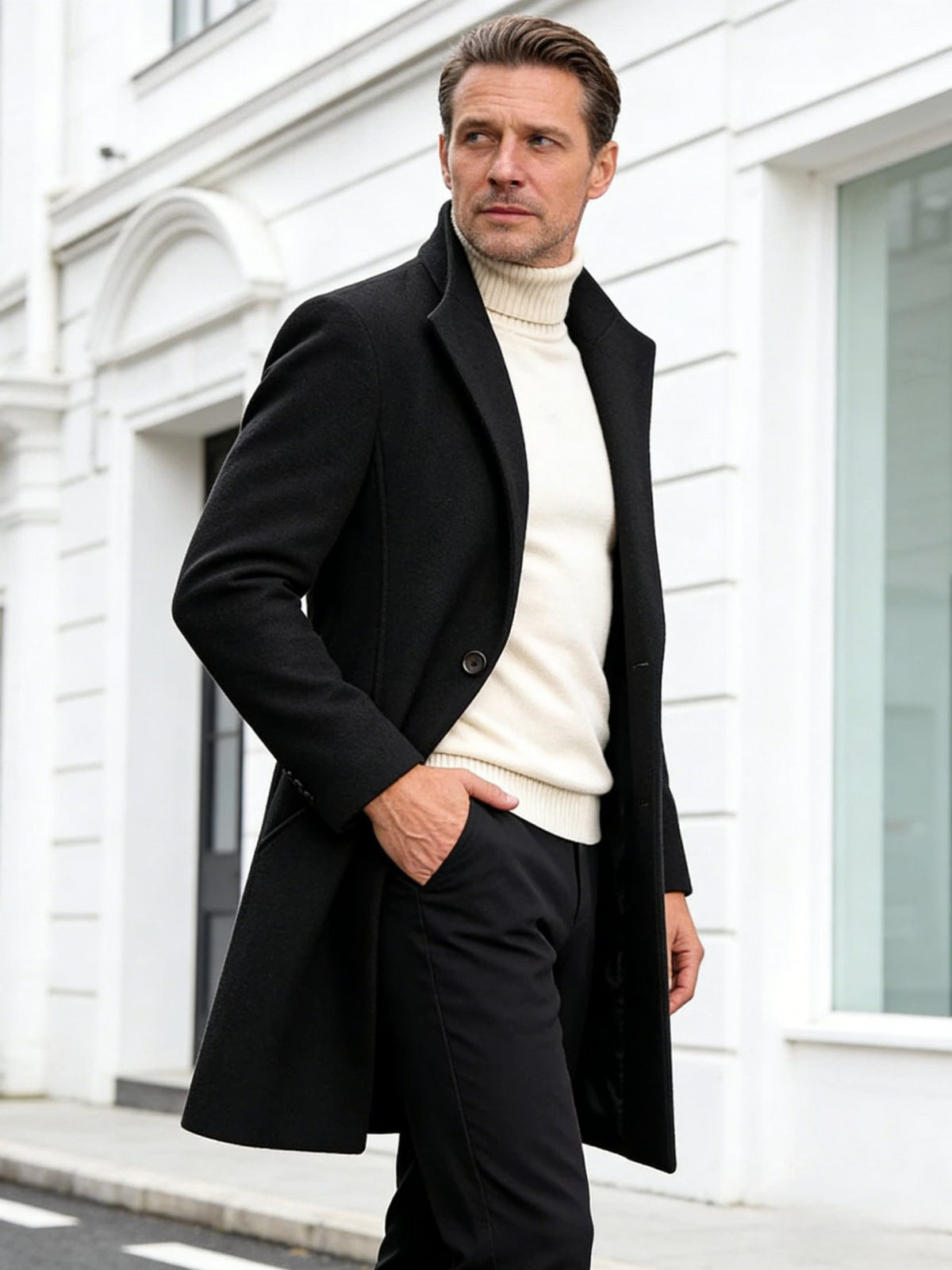 Side view of the men's tweed overcoat showing the fit