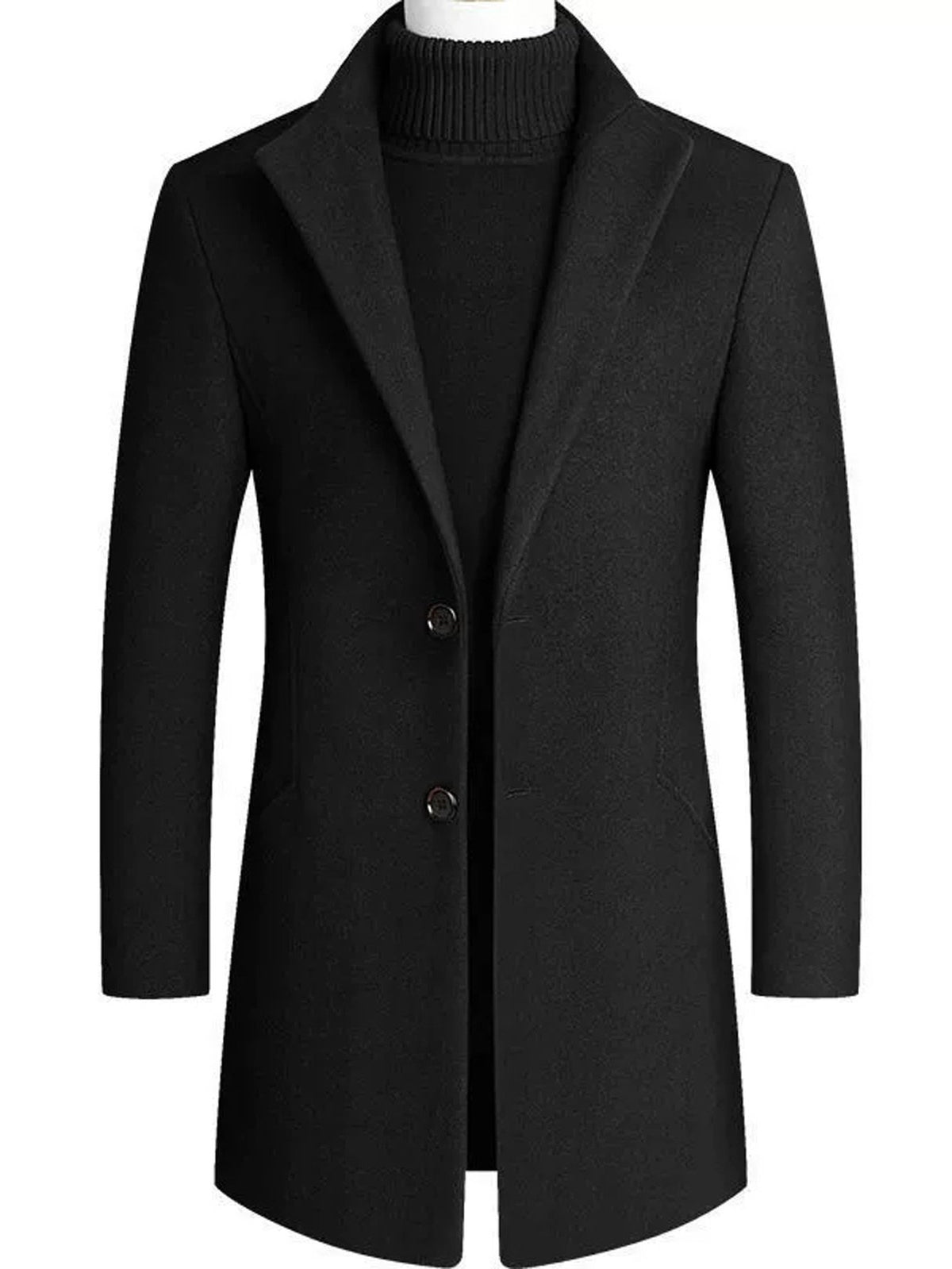 Collar and fastening detail of the men's tweed overcoat