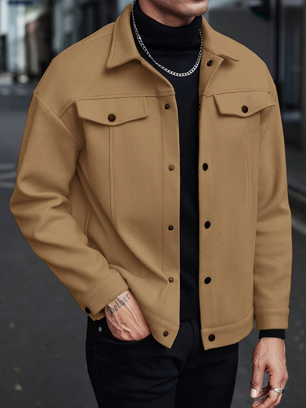 Men's short lapel jacket shown from the front for winter