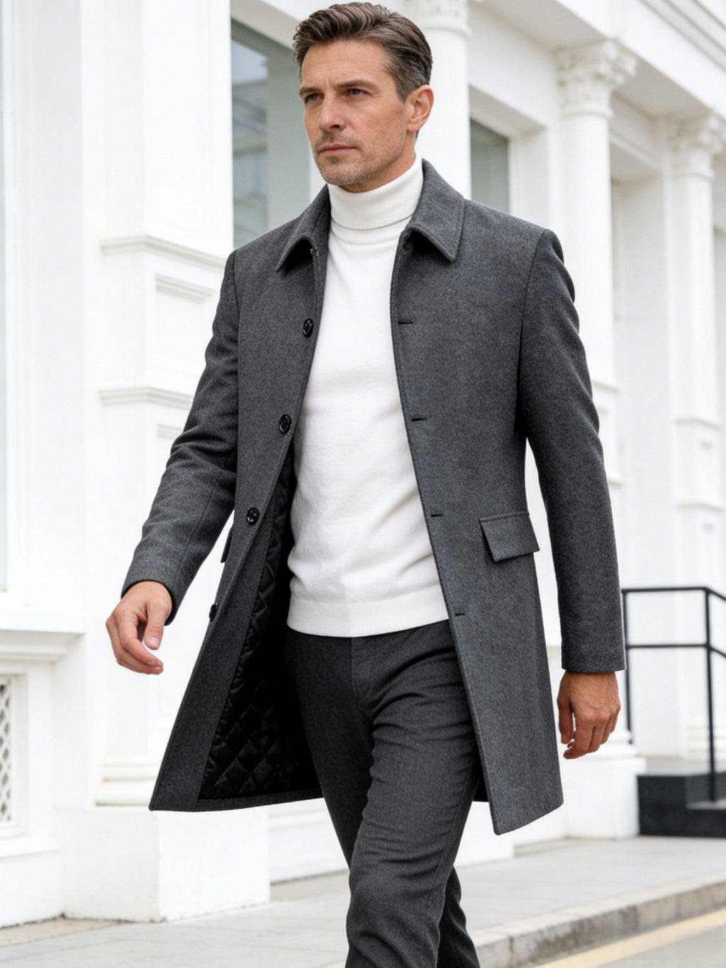 Men's wool blend overcoat shown from the front for winter