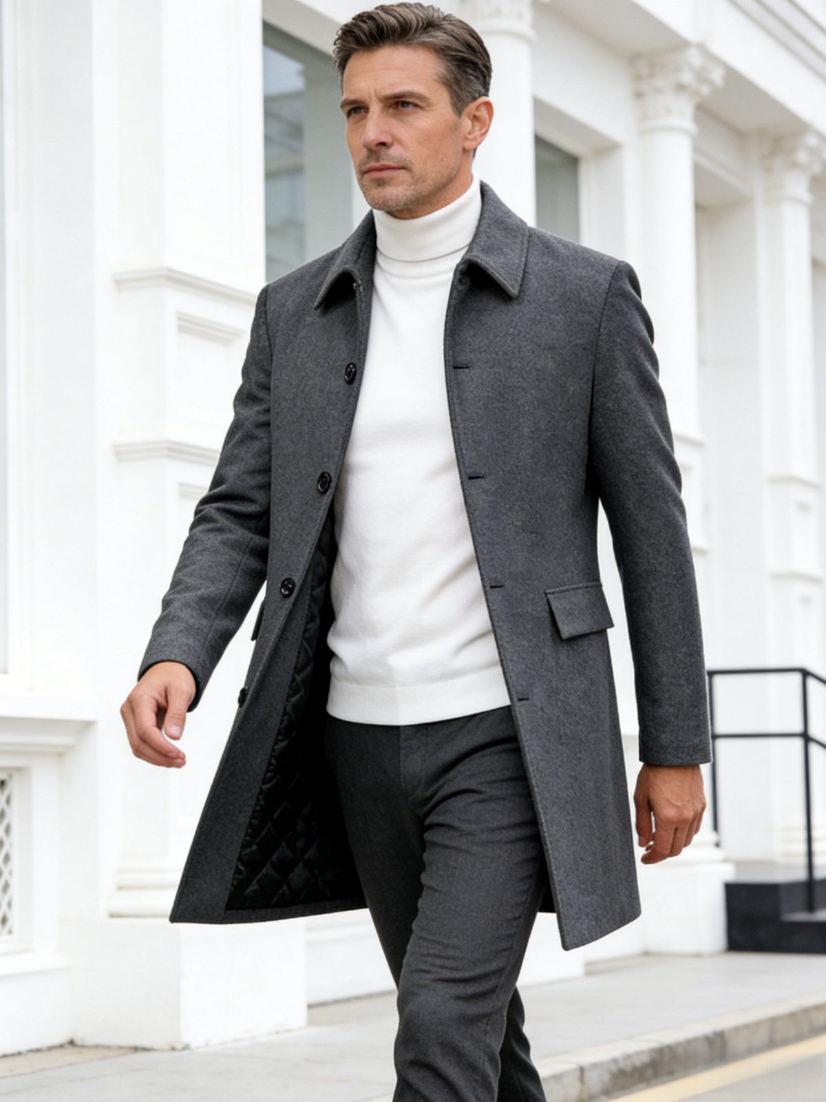 Men's wool blend overcoat shown from the front for winter