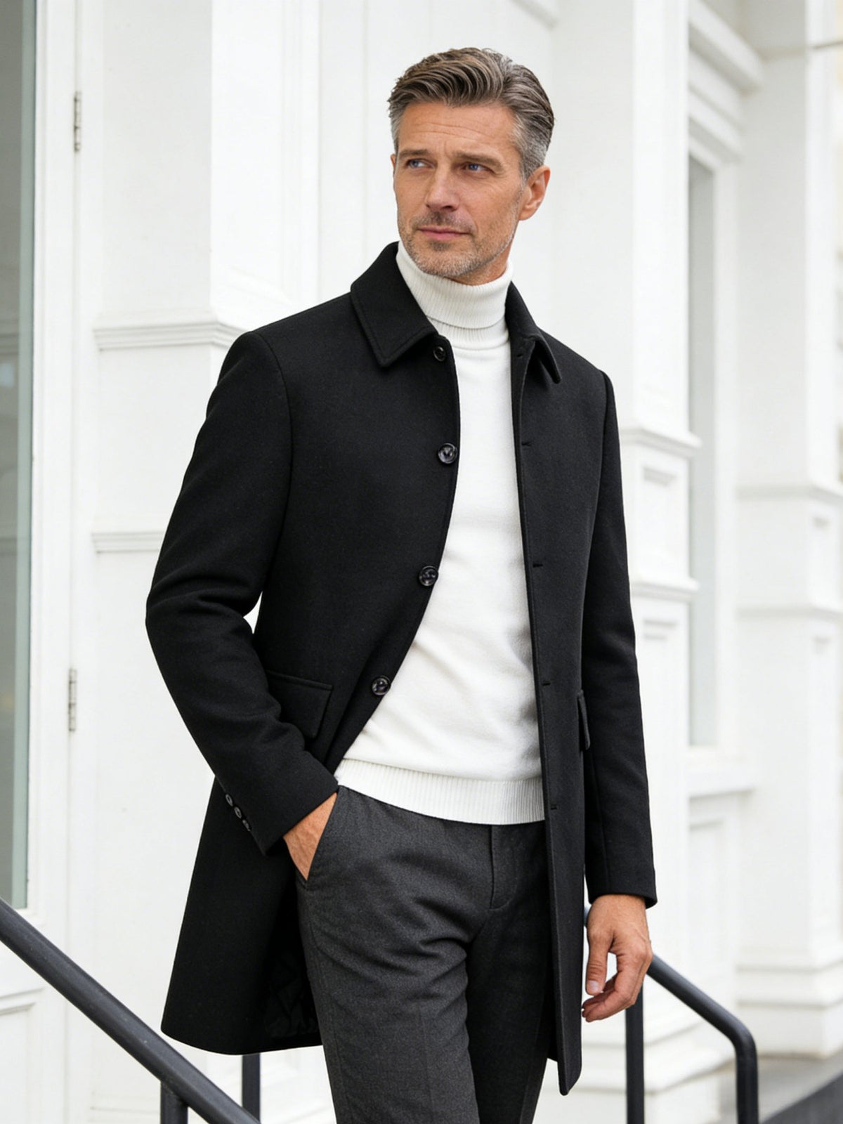 Side view of the men's wool blend overcoat showing the fit
